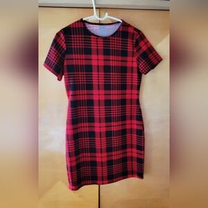Red and Black Plaid Short Sleeve Sheath Dress